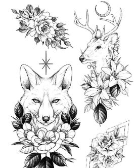 Zestaw tatuaży kwiaty zwierzęta lis jeleń