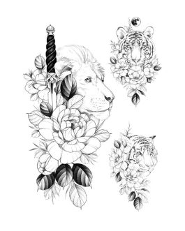 Zestaw tatuaży tygrys lew kwiaty boho