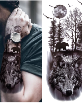 Tatuaż z wilkiem las góry