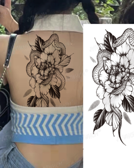 Tatuaż z wężem kwiaty róże cienka kreska minimalistyczny