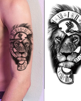 Tatuaż z lwem z zegarem przemijanie siła