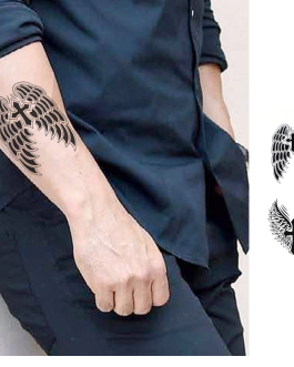 Tatuaż religijny krzyż ze skrzydłami na szyję rękę