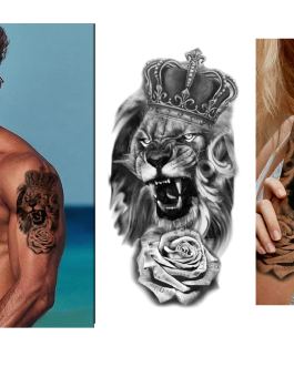 Tatuaż z lwem z koroną z różami