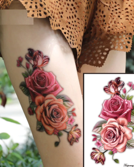 Damski tatuaż z różami kolorowymi kwiaty na udo