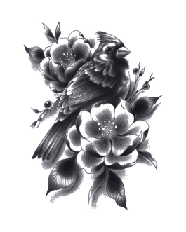 Kobiecy tatuaż z ptakiem czarno biały kwiaty