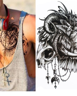 Męski tatuaż z lwem na rękę i klatkę piersiową