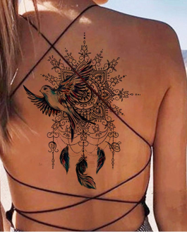 Tatuaż damski łapacz snów ptak geometryczny mandala