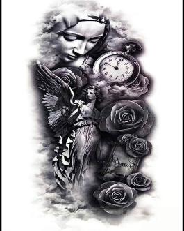Tatuaż religijny z aniołem Maryja z zegarem