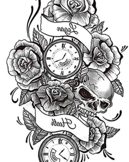 Tatuaż z zegarem czaszkami czarno-biały