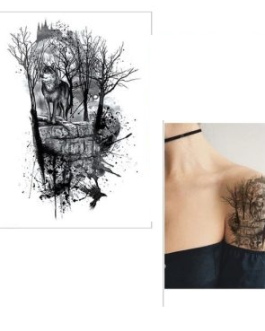 Tatuaż z wilkiem las drzewa pełnia księżyca